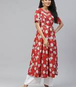 Red printed crepe long-kurtis