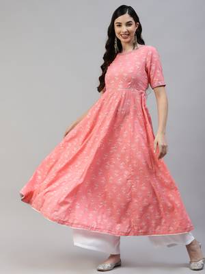 Pink printed cotton long-kurtis 1