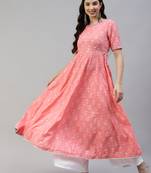 Pink printed cotton long-kurtis
