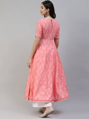 Pink printed cotton long-kurtis 2