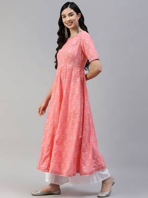 Pink printed cotton long-kurtis 3