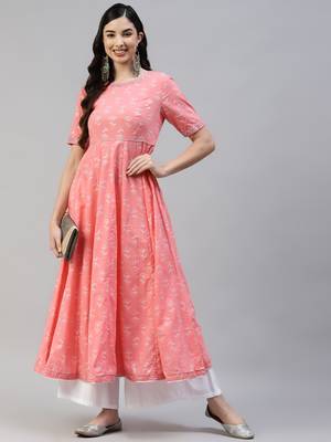 Pink printed cotton long-kurtis 5