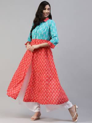 Turquoise printed cotton long-kurtis 1
