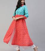 Turquoise printed cotton long-kurtis