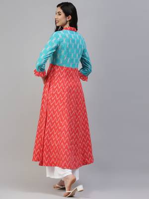 Turquoise printed cotton long-kurtis 2