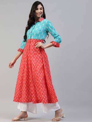 Turquoise printed cotton long-kurtis 3