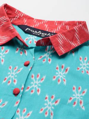 Turquoise printed cotton long-kurtis 4