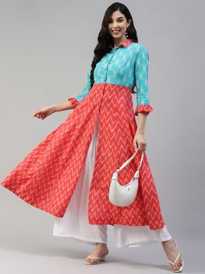 Turquoise printed cotton long-kurtis 5