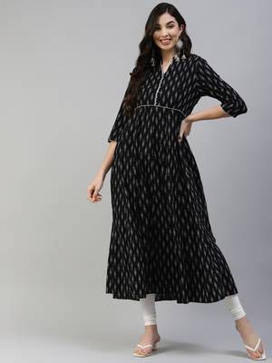 Black printed cotton long-kurtis 1