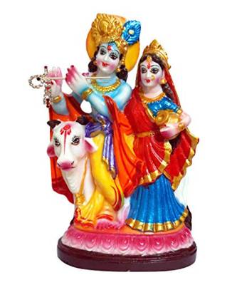 ESVAR STONECRAFT Poly Resin Hand Made Scupluture of Radha Krishna with Cow 1