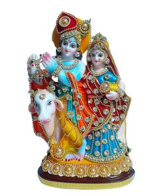 ESVAR STONECRAFT Poly Resin Hand Made Scupluture of Radha Krishna with Cow 1