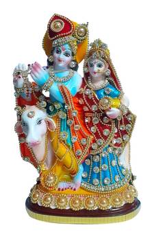 ESVAR STONECRAFT Poly Resin Hand Made Scupluture of Radha Krishna with Cow