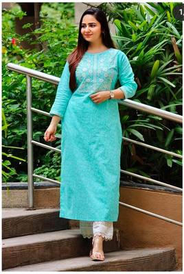 Vastravilla Women,s Cotton Embrodiery & Mirror Work Stright Kurti With Pant Set 1