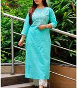 Vastravilla Women,s Cotton Embrodiery & Mirror Work Stright Kurti With Pant Set