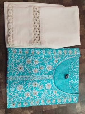 Vastravilla Women,s Cotton Embrodiery & Mirror Work Stright Kurti With Pant Set 2