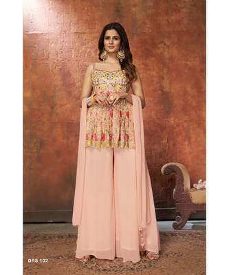 Peach Color Georgette Material Mirror Work Salwar Kameez With Dupatta 1