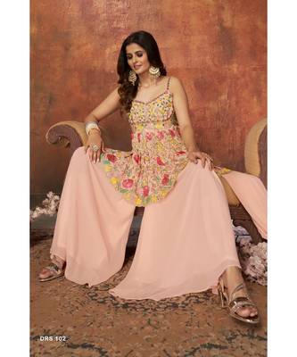 Peach Color Georgette Material Mirror Work Salwar Kameez With Dupatta 2