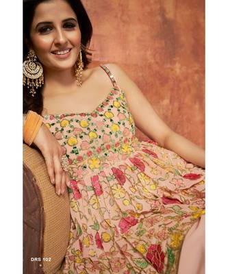Peach Color Georgette Material Mirror Work Salwar Kameez With Dupatta 3