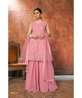 Pink Color Zari Work Salwar Kameez With Soft Net Dupatta Set 1