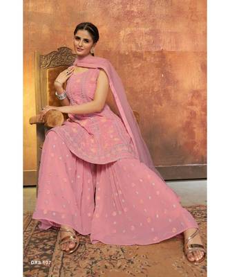 Pink Color Zari Work Salwar Kameez With Soft Net Dupatta Set 2