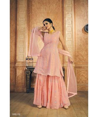 Peach Georgette Base Zari Work Salwar Kameez With Dupatta 3