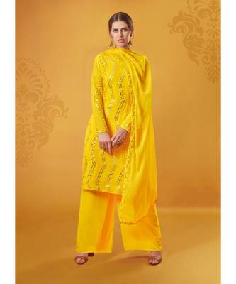 Yellow Color Georgette Base Mirror & Thread Work Salwar Kameez 1