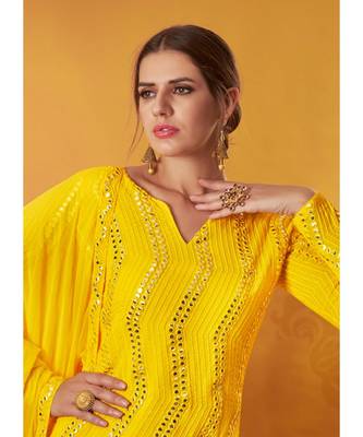 Yellow Color Georgette Base Mirror & Thread Work Salwar Kameez 2
