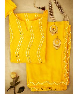 Yellow Color Georgette Base Mirror & Thread Work Salwar Kameez 3