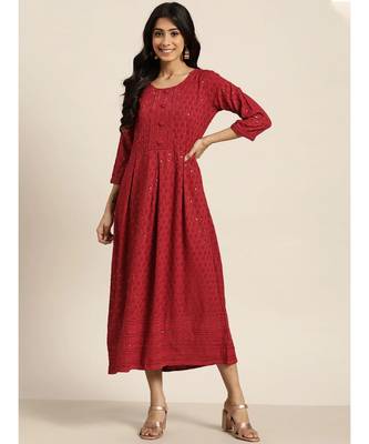 Mohvogue Women's Maroon Embroidered Rayon Kurti 1