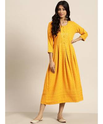 Mohvogue Women's Mustard Embroidered Rayon Kurti 1