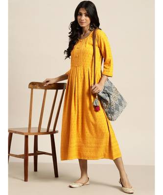 Mohvogue Women's Mustard Embroidered Rayon Kurti 2