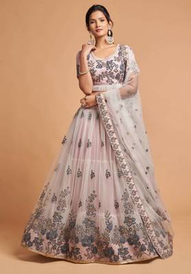 grey soft net zari embroidered heavy work wedding lehenga set choli with dupatta with dupatta 3