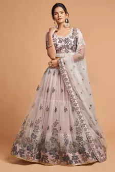grey soft net zari embroidered heavy work wedding lehenga set choli with dupatta with dupatta