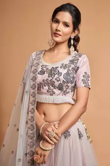 grey soft net zari embroidered heavy work wedding lehenga set choli with dupatta with dupatta