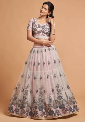 grey soft net zari embroidered heavy work wedding lehenga set choli with dupatta with dupatta 6