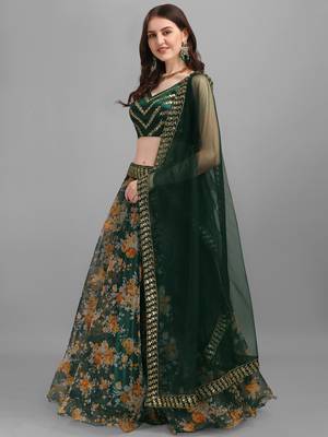 Green Printed Lehenga Choli With Un-stitched Blouse 4