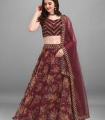 maroon printed work Lehenga Choli With Un-Stitched Blouse