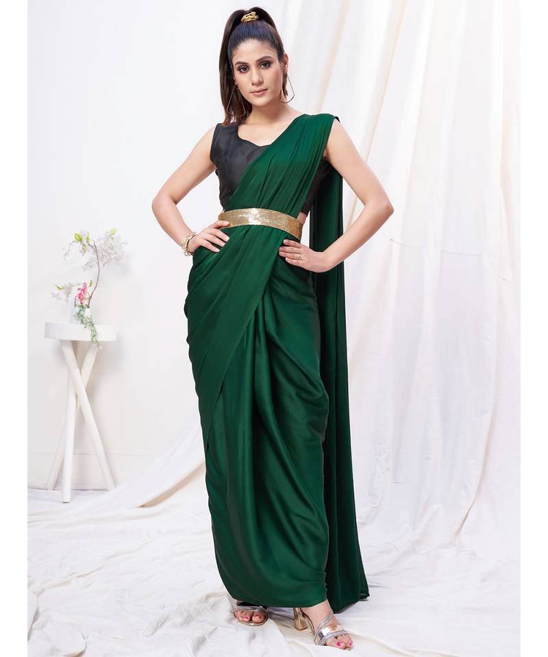 Bottle Green Plain Ready to Wear Silk Saree WITH BLOUSE