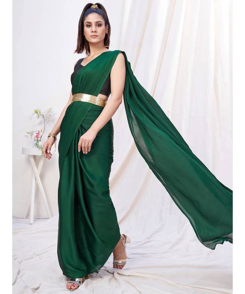 Bottle Green Plain Ready to Wear Silk Saree WITH BLOUSE