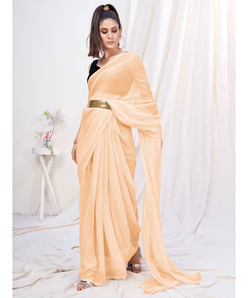 Warm Off White Plain Ready to Wear Silk Saree WITH BLOUSE