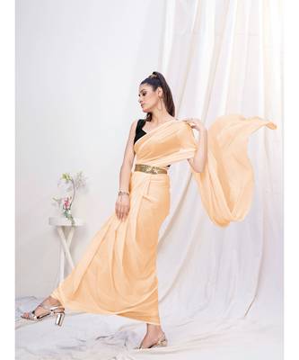 warm off white plain pre draped silk saree 3