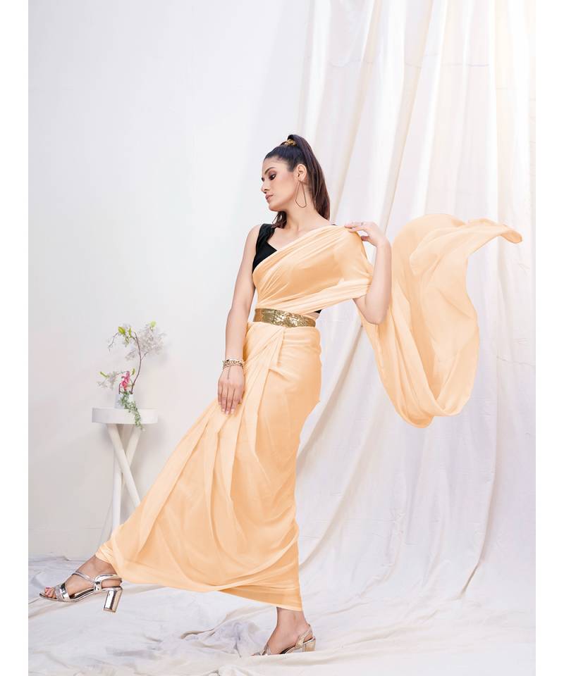 Warm Off White Plain Ready to Wear Silk Saree WITH BLOUSE