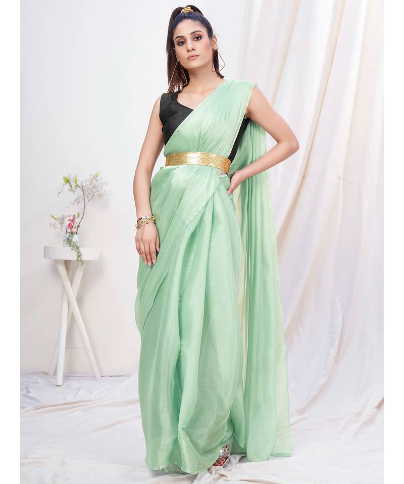 Light Mint Green Plain Ready to Wear Silk Saree WITH BLOUSE