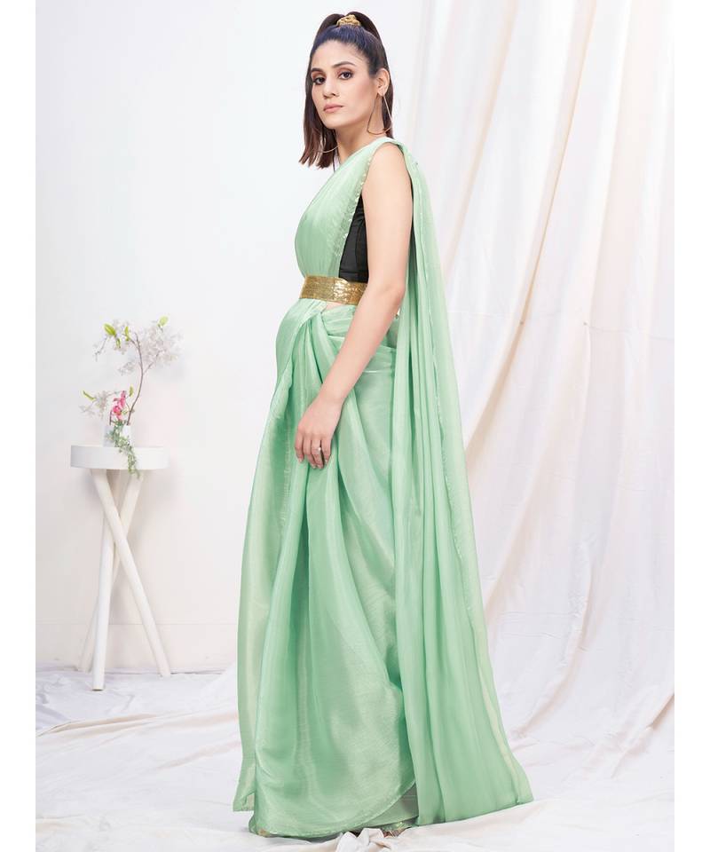 Light Mint Green Plain Ready to Wear Silk Saree WITH BLOUSE