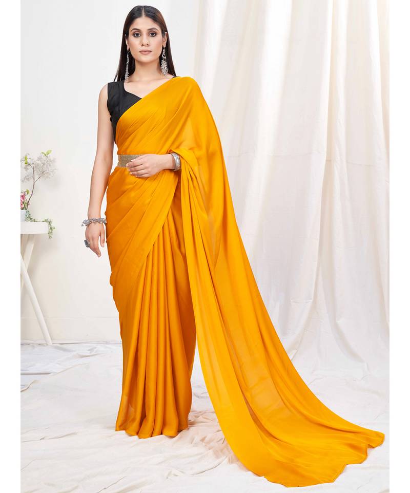 Sunshine Yellow Plain Ready to Wear Silk Saree WITH BLOUSE