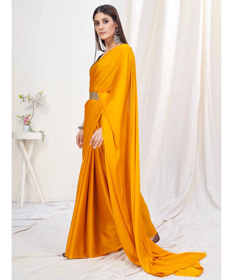 Sunshine Yellow Plain Ready to Wear Silk Saree WITH BLOUSE