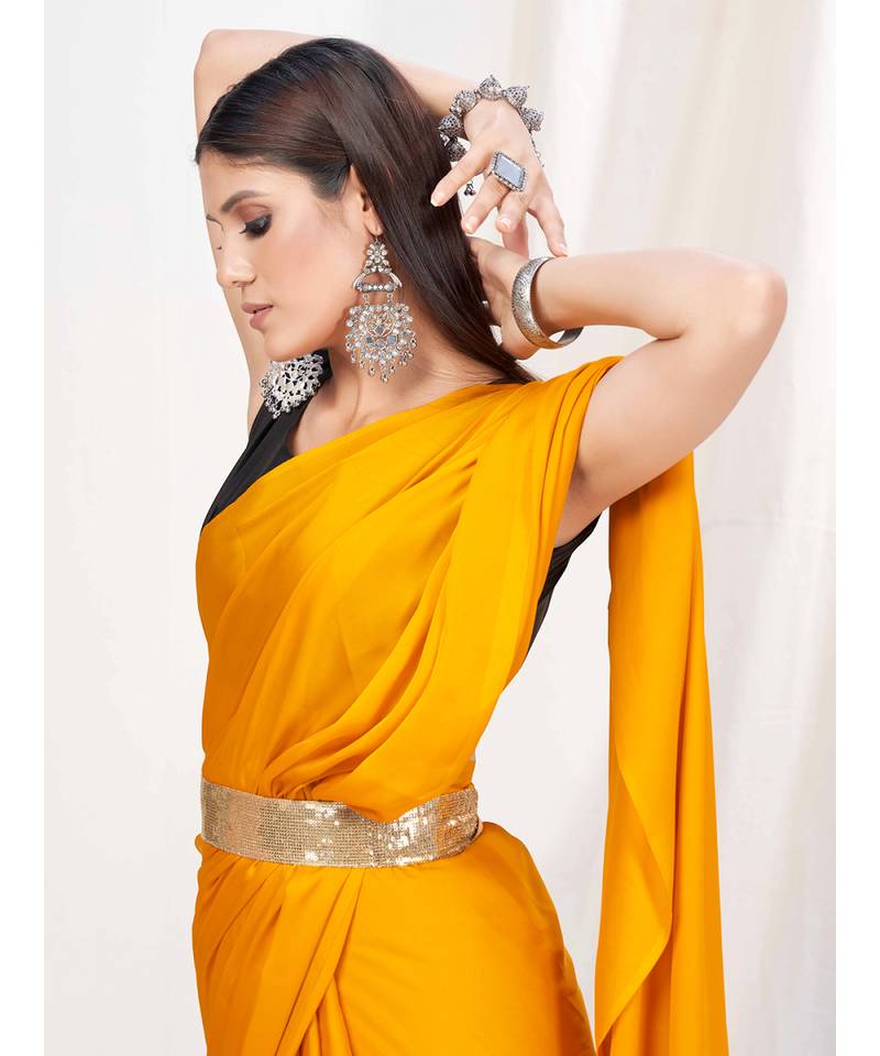 Sunshine Yellow Plain Ready to Wear Silk Saree WITH BLOUSE