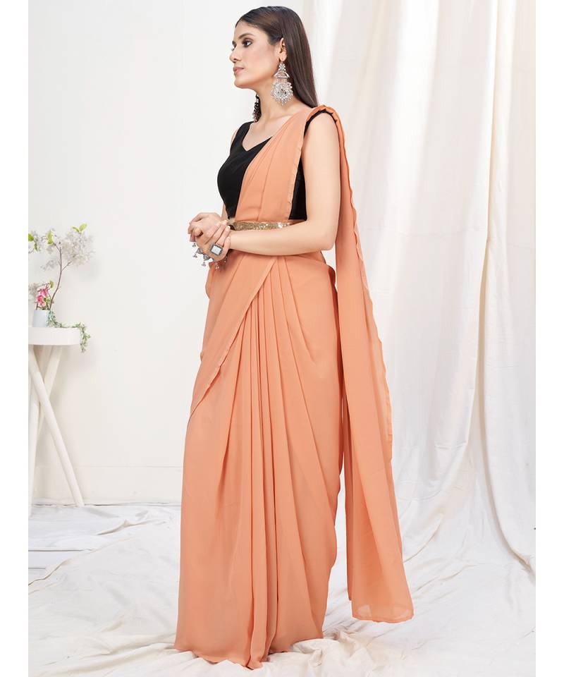 Peach Pink Plain Ready to Wear Silk Saree WITH BLOUSE