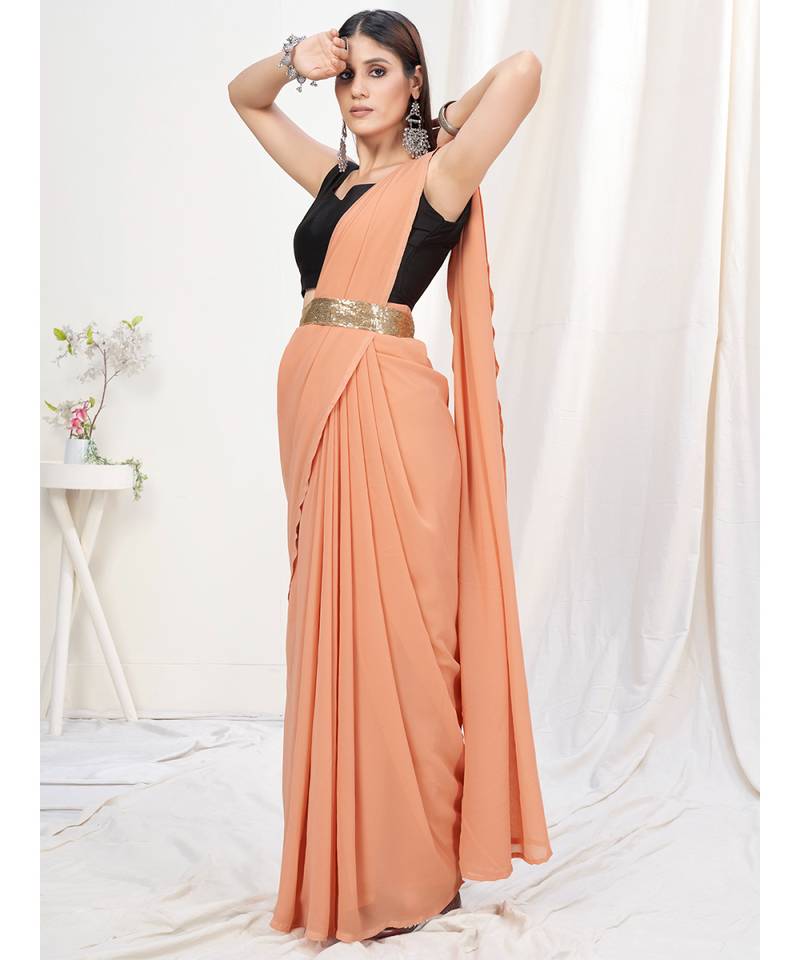 Peach Pink Plain Ready to Wear Silk Saree WITH BLOUSE