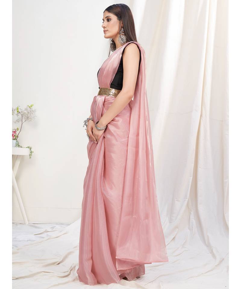 Baby Pink Plain Ready to Wear Silk Saree WITH BLOUSE